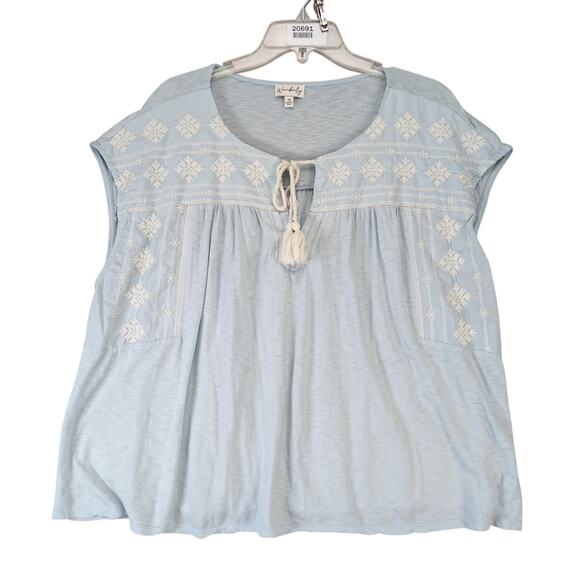 Wonderly Soft Blue Snowflake Embroidered Blouse Top Womens Plus Sz 2X Tassel Tie - Picture 1 of 10